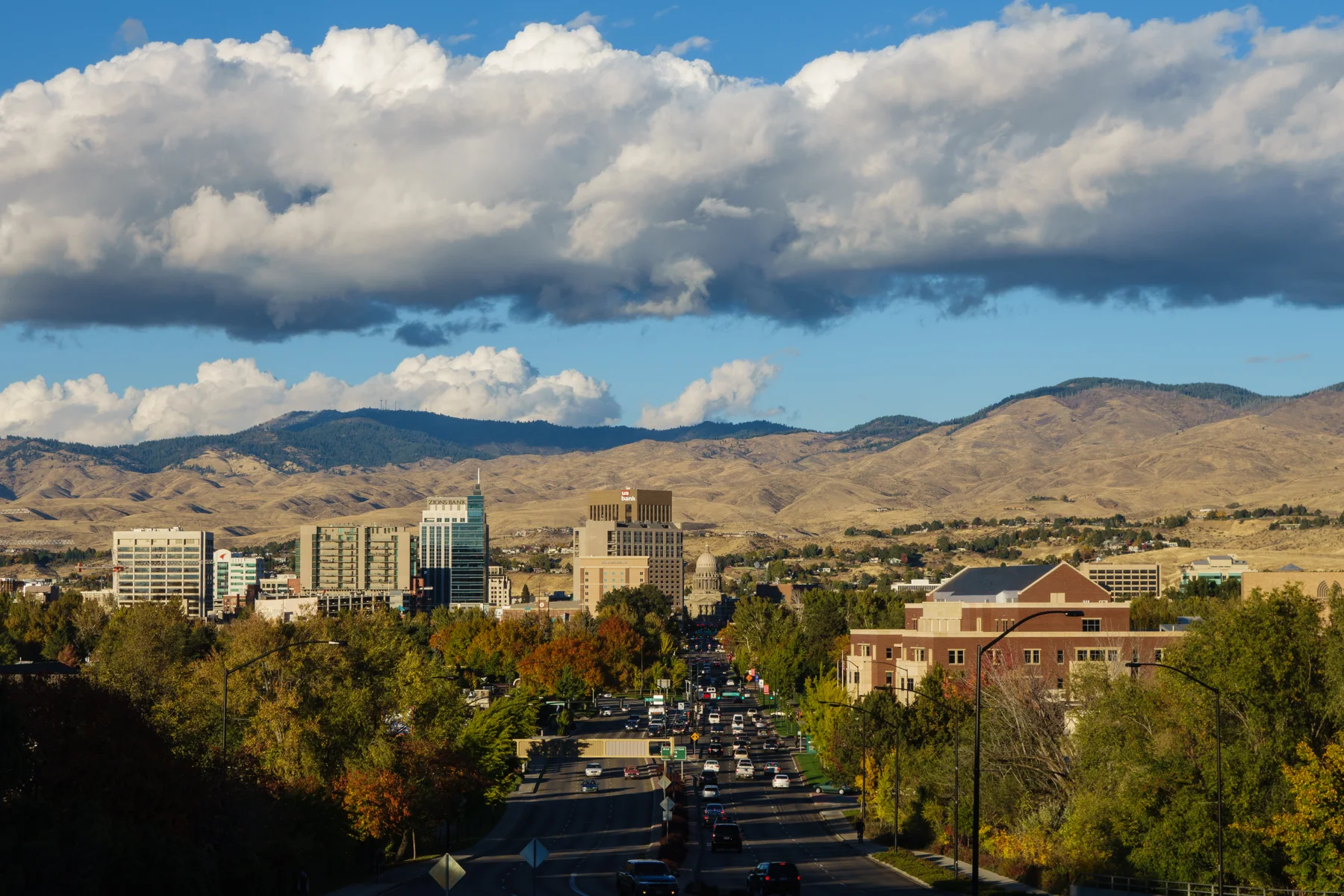 Downtown Boise framed by trees and the Treasure Valley foothills